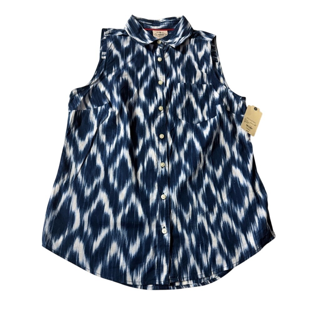 St Johns‎ Bay Navy Ikat Sleeveless Button Down Shirt XS Cotton 845-1071-0034